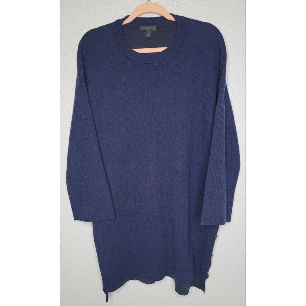 J‎ Crew * Merino Wool Navy Large Split Button Side Long Sweater Knit Pullover